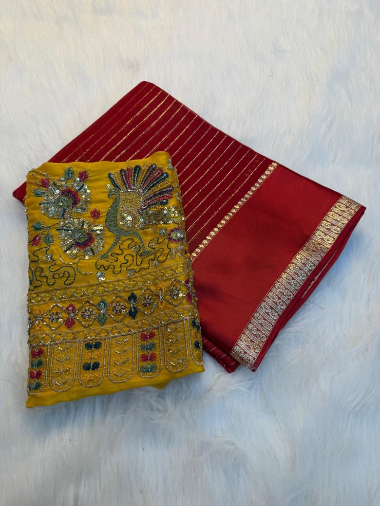 Peacock Royale Pure Viscose Georgette Saree with Weaving Satin Border - RED