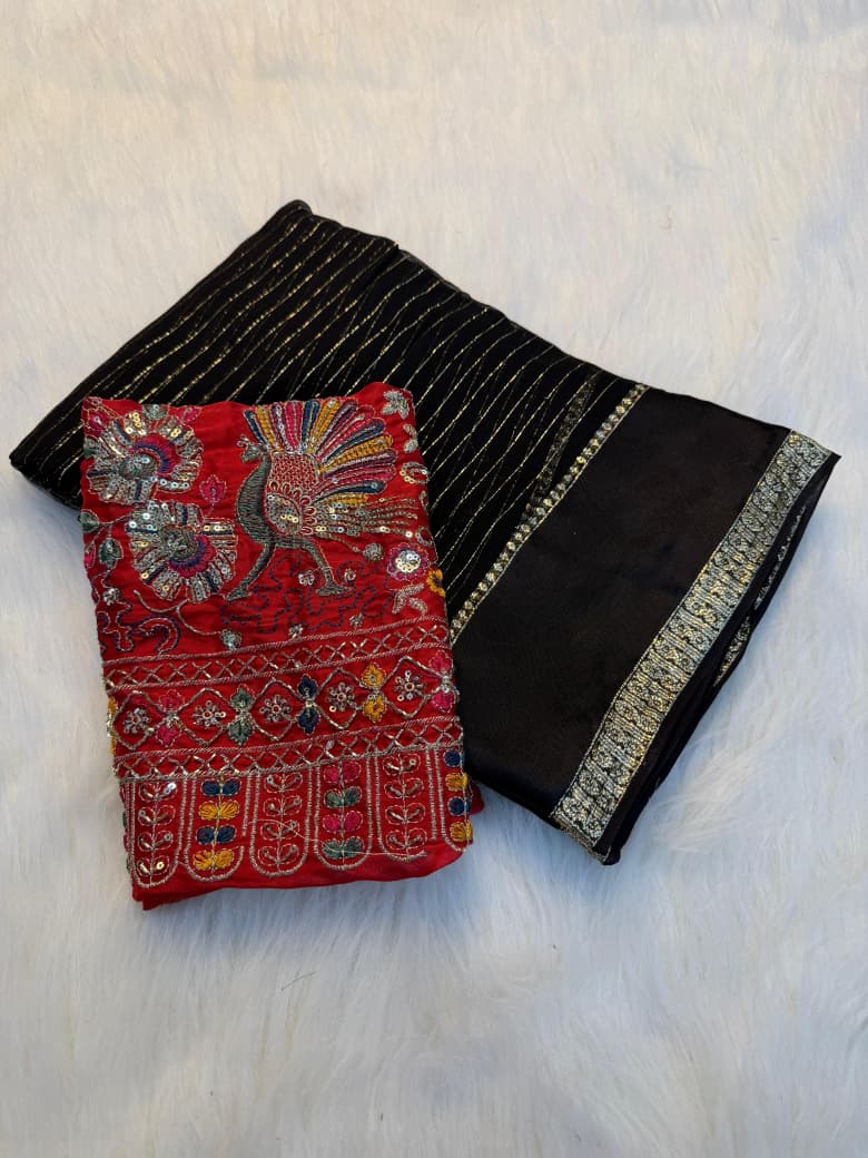 Peacock Royale Pure Viscose Georgette Saree with Weaving Satin Border - BLACK