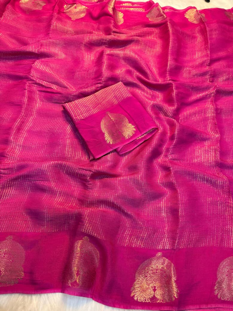 Elegant Viscose Georgette Saree with Rich Weaving & Traditional Motif Border - RANI PINK