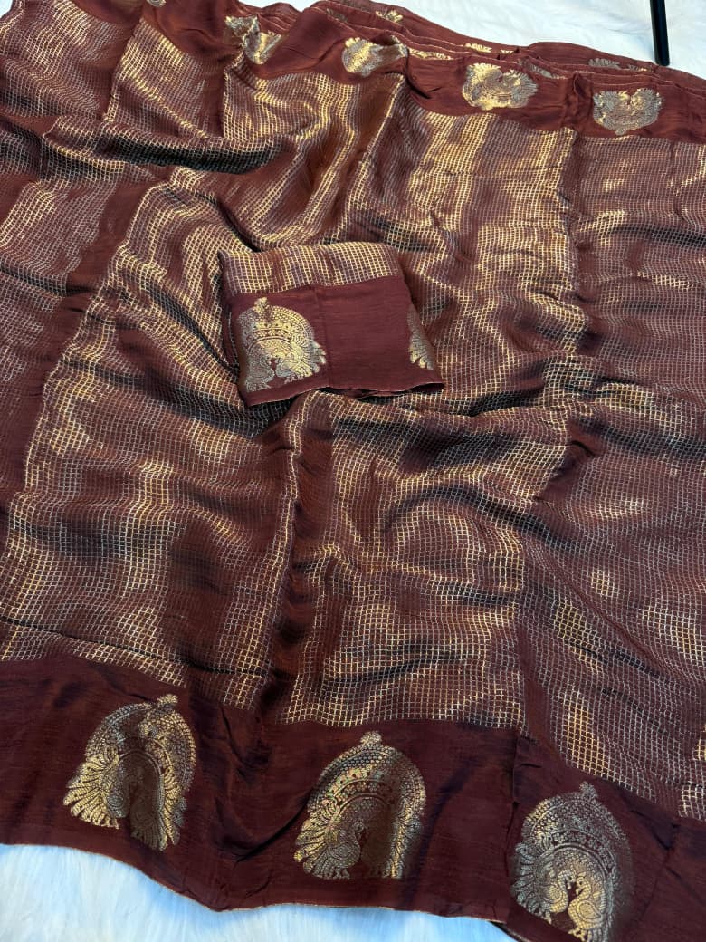 Elegant Viscose Georgette Saree with Rich Weaving & Traditional Motif Border - BROWN