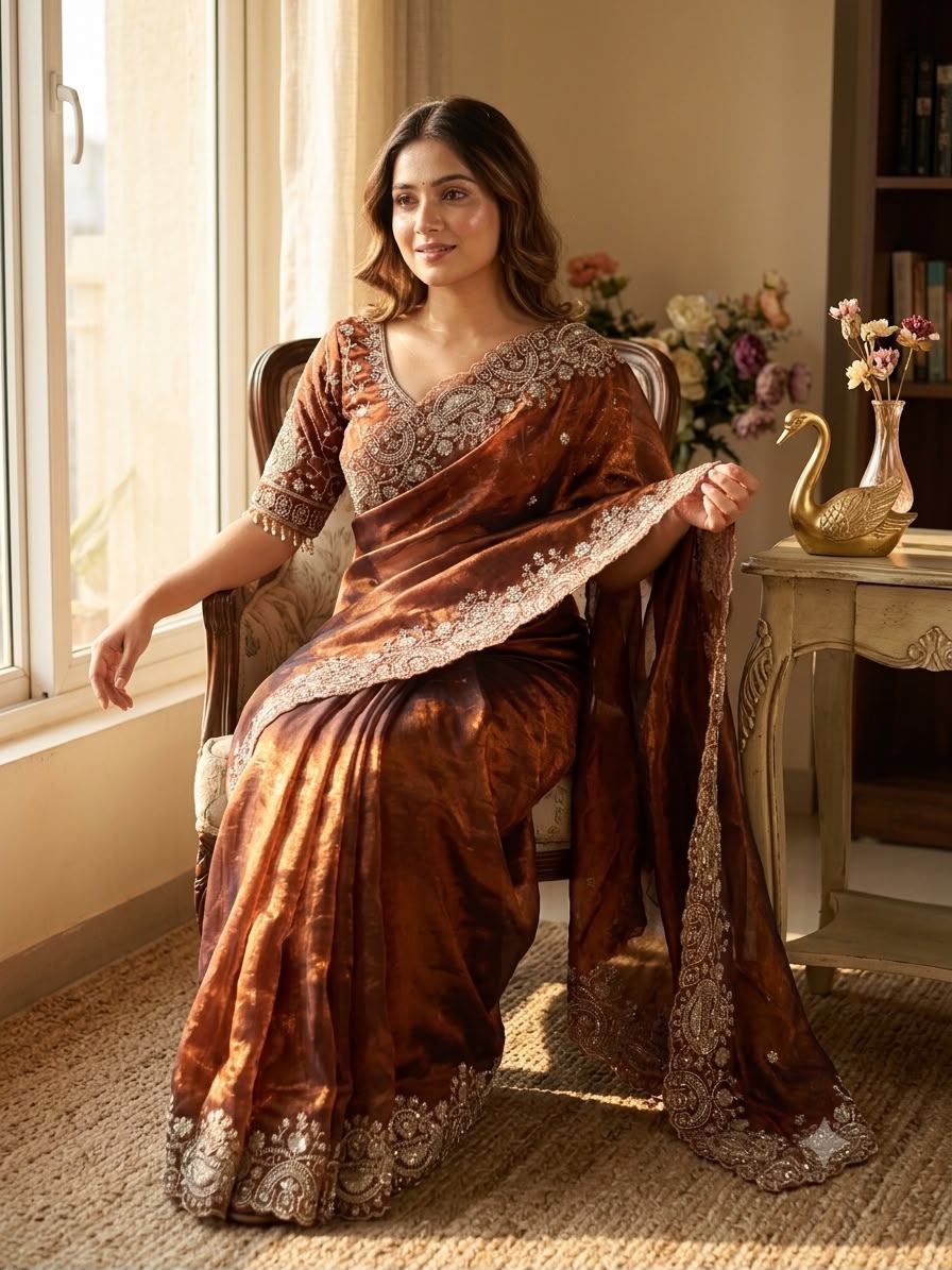 Royal Paisley Embroidery Saree-BROWN