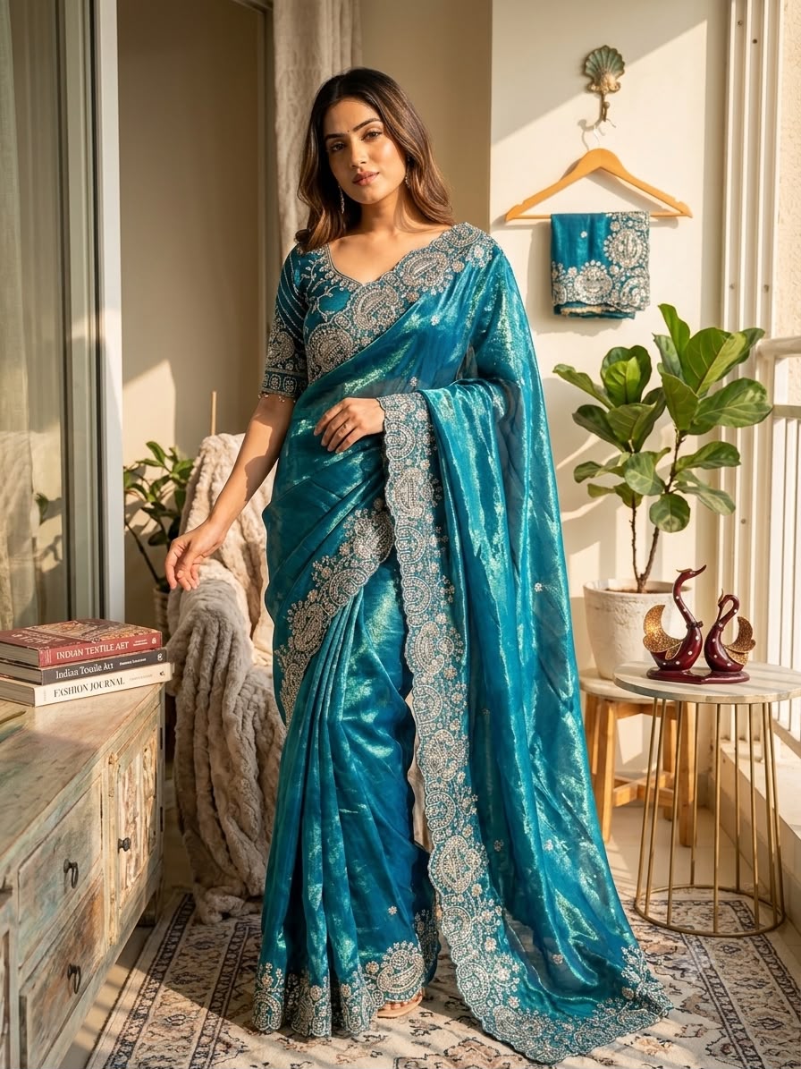 Royal Paisley Embroidery Saree-BLUE
