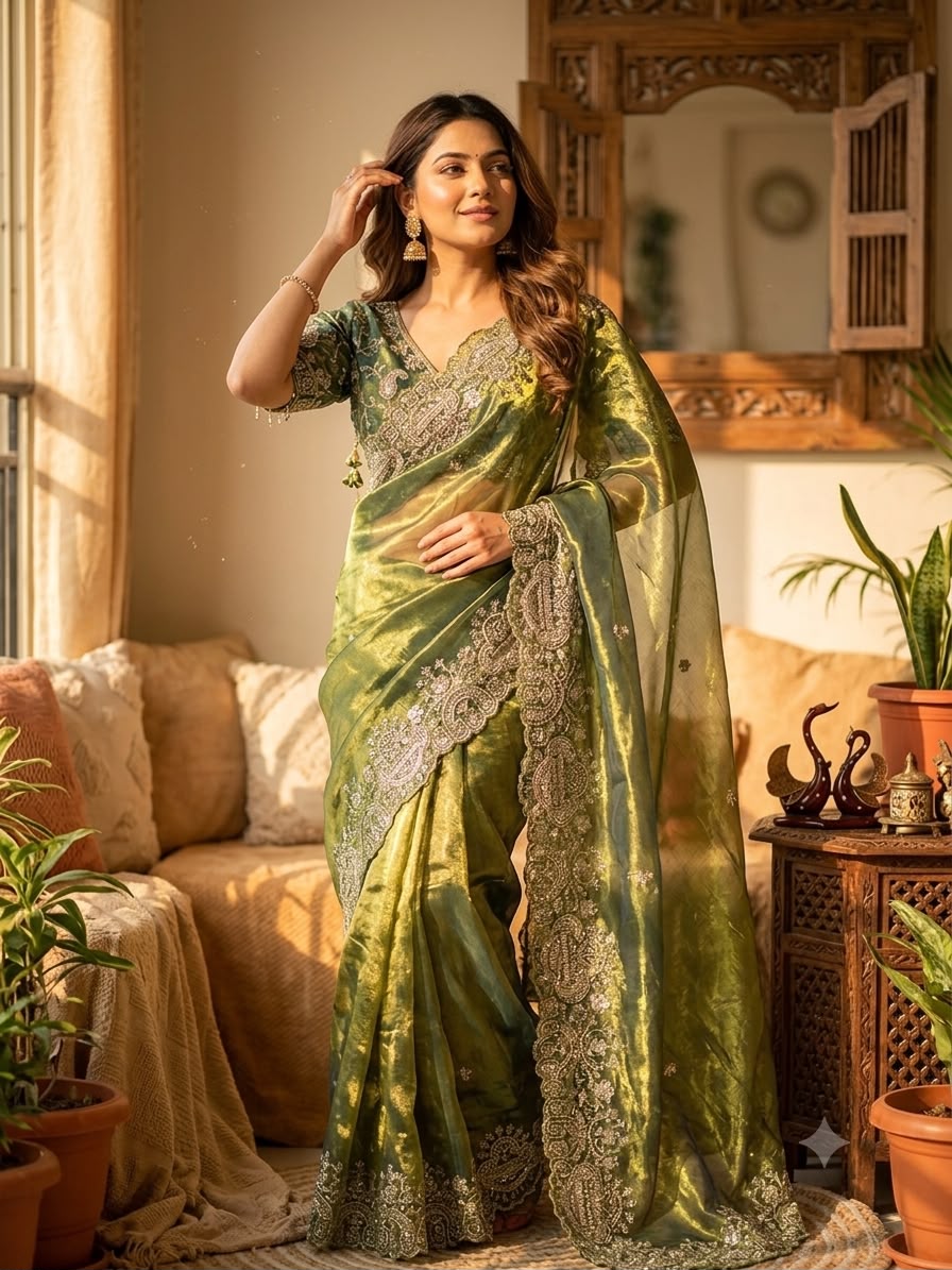 Royal Paisley Embroidery Saree-GREEN