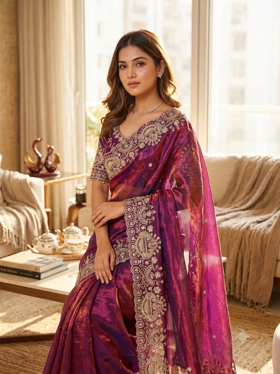 Royal Paisley Embroidery Saree-WINE