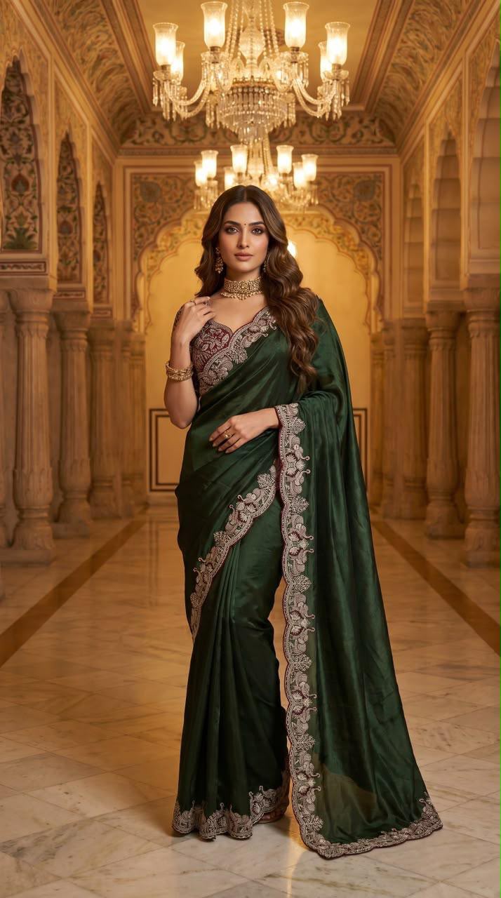 Royal  Designer Saree with Intricate Floral Embroidery & Rich Scalloped Border - GREEN