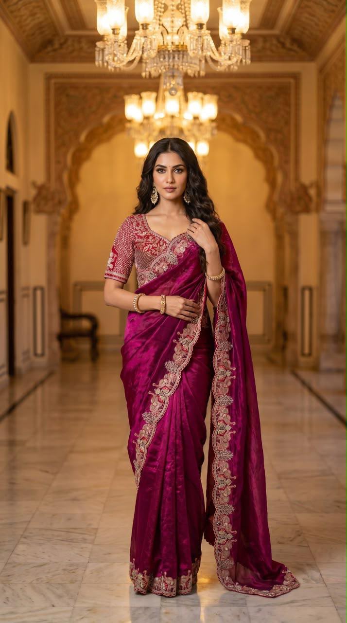 Royal  Designer Saree with Intricate Floral Embroidery & Rich Scalloped Border - PINK