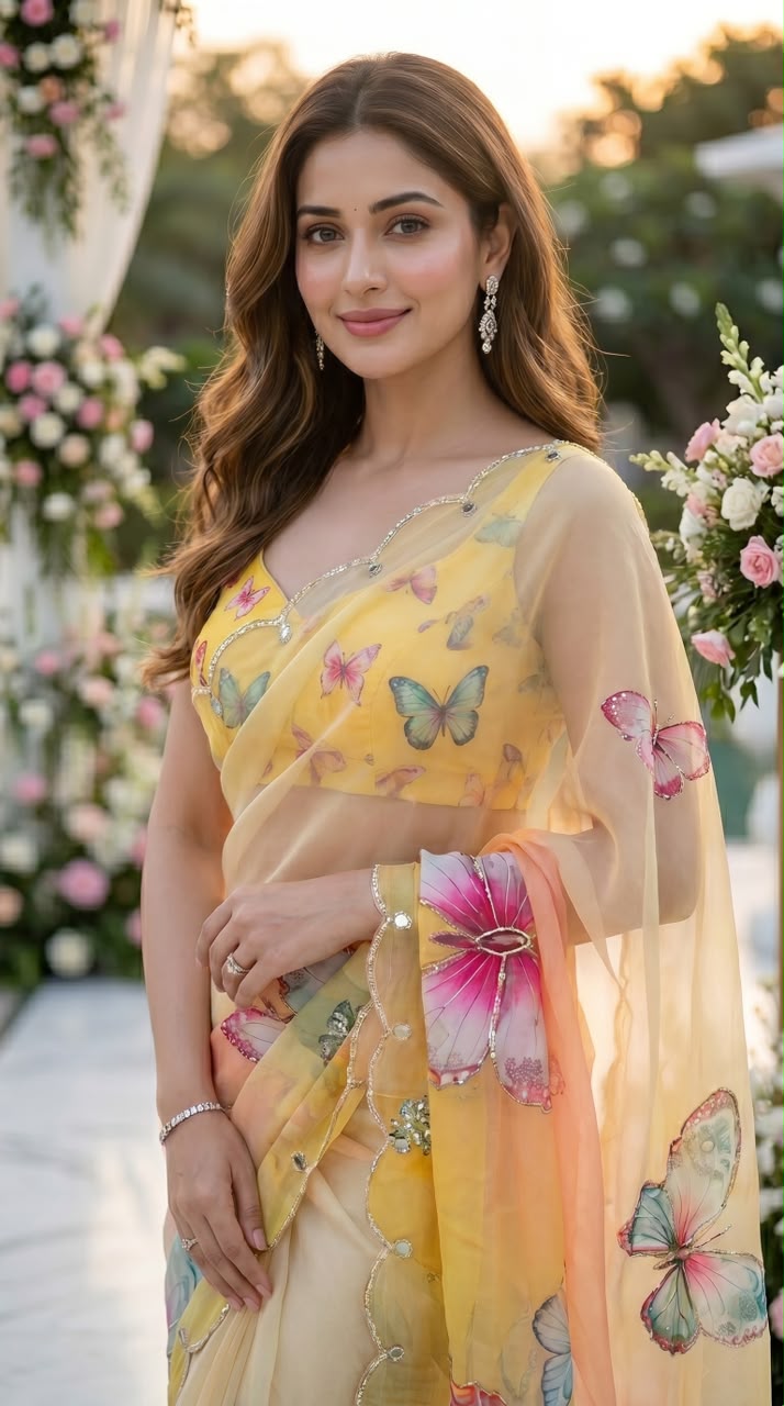 Elegant Butterfly Print Saree with Embellished Border & Designer Blouse - Yellow