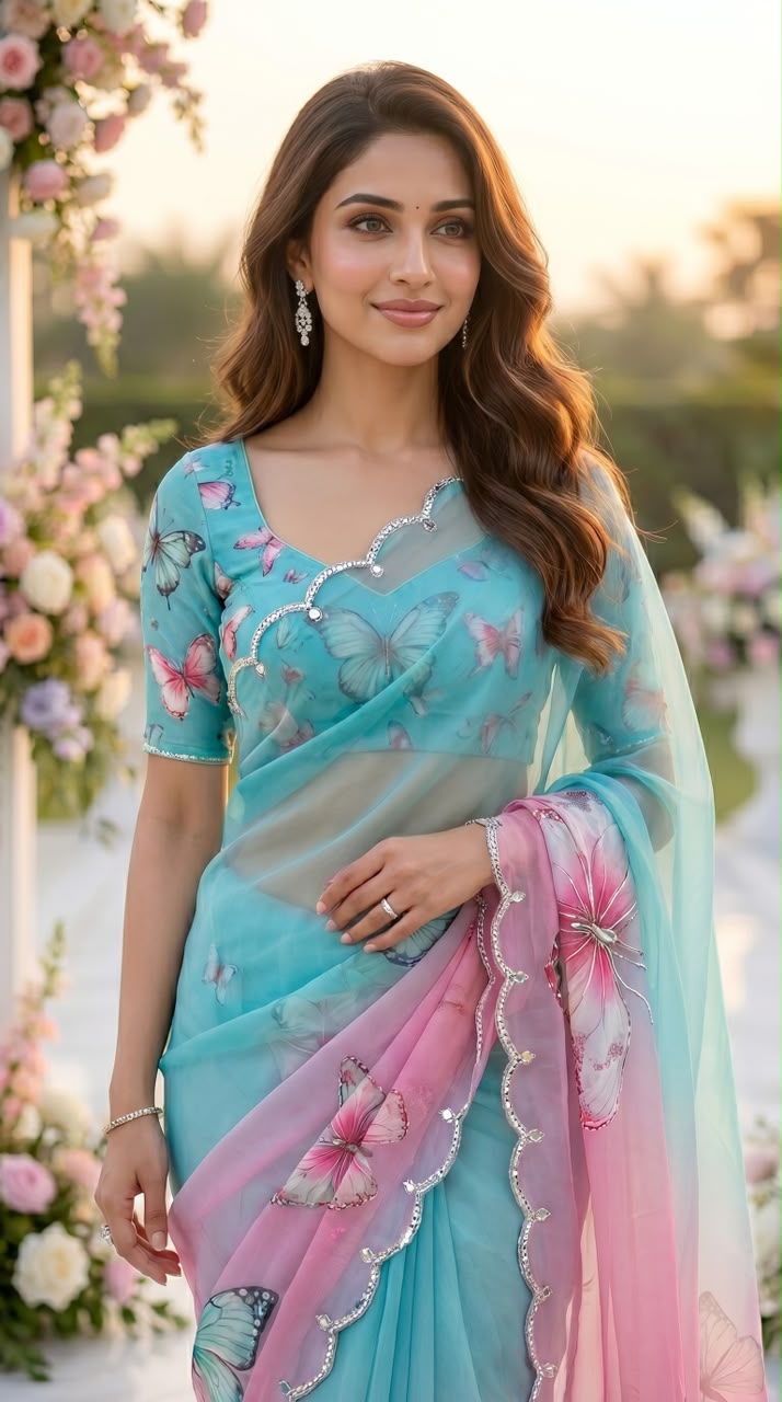 Elegant Butterfly Print Saree with Embellished Border & Designer Blouse - Sky