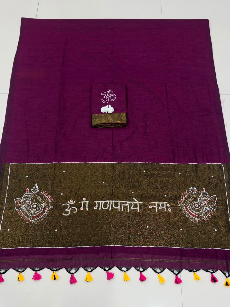 Premium Handcrafted Om Ganpati Embroidery Saree with Zari Border & Designer Tassels- MAROON