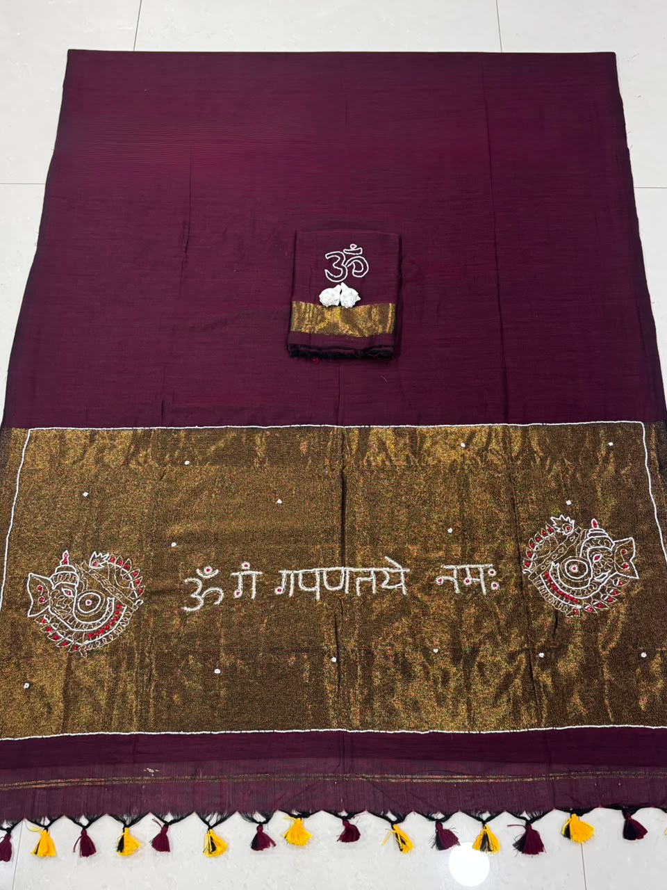 Premium Handcrafted Om Ganpati Embroidery Saree with Zari Border & Designer Tassels- WINE