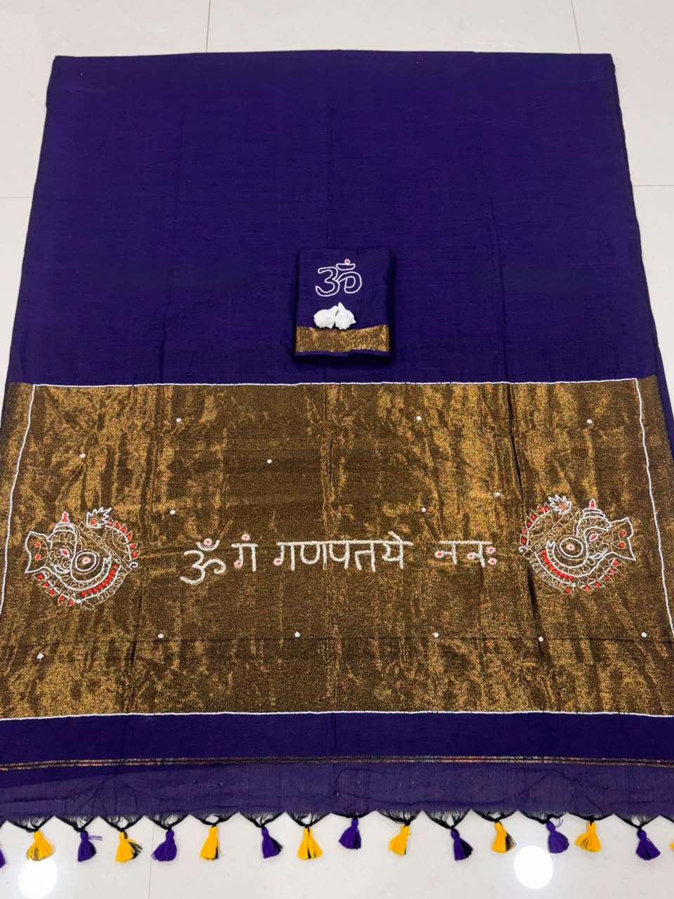 Premium Handcrafted Om Ganpati Embroidery Saree with Zari Border & Designer Tassels- PURPLE