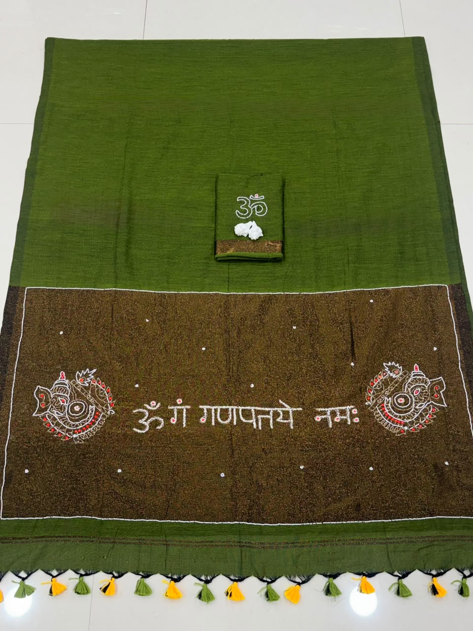 Premium Handcrafted Om Ganpati Embroidery Saree with Zari Border & Designer Tassels-OLIVE GREEN