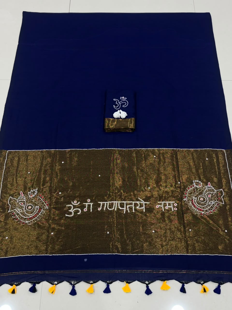 Premium Handcrafted Om Ganpati Embroidery Saree with Zari Border & Designer Tassels-  NAVY B LUE