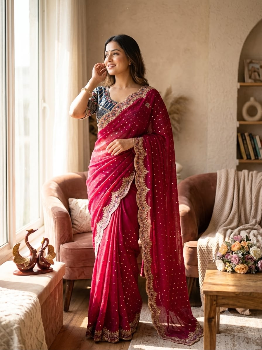 Wedding Wear Red Saree with Rich Embroidered Border & Designer Blouse - RED