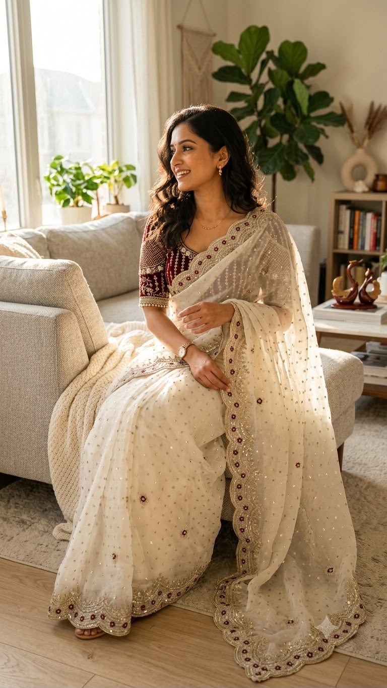 Wedding Wear White Saree with Rich Embroidered Border & Designer Blouse - WHITE