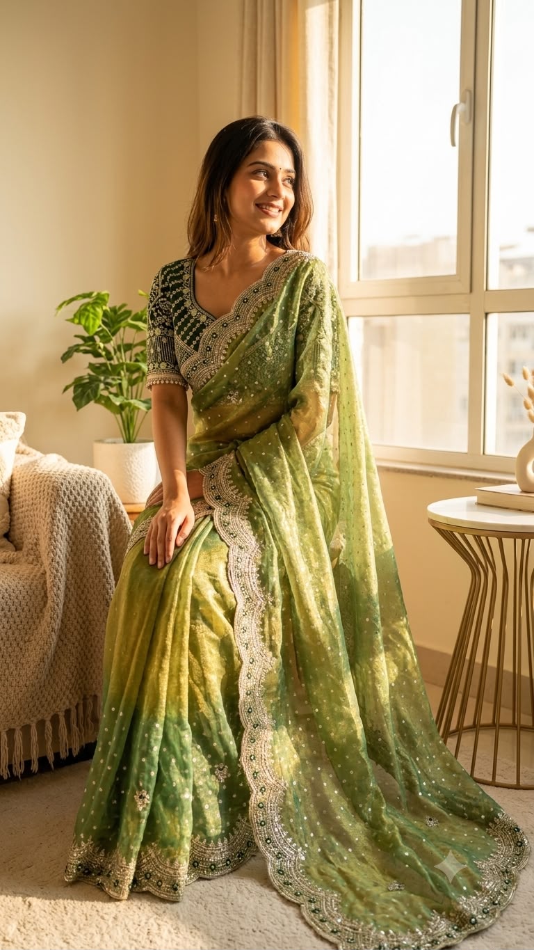 Wedding Wear Parrot Saree with Rich Embroidered Border & Designer Blouse - PARROT