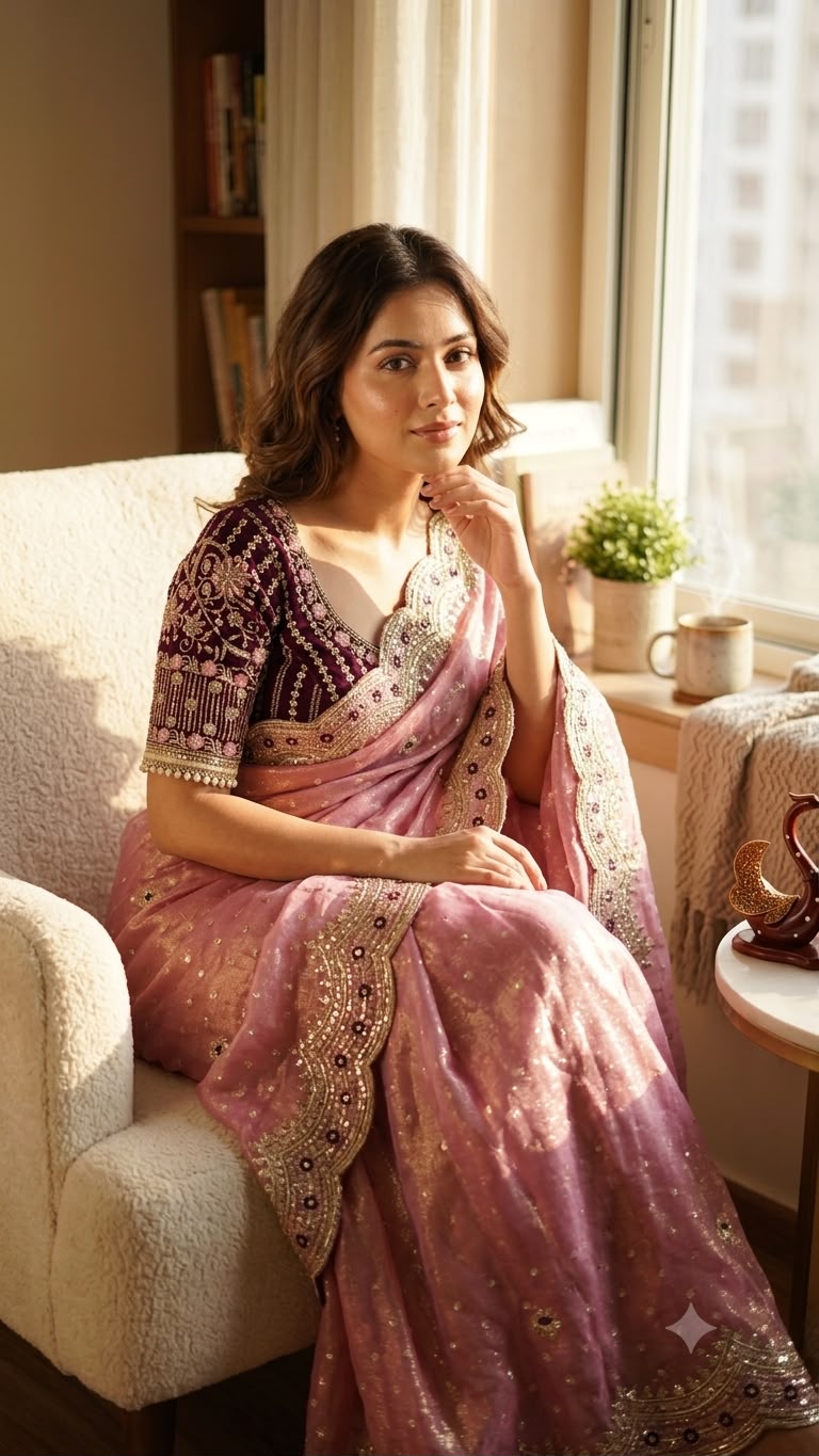 Wedding Wear Pink Saree with Rich Embroidered Border & Designer Blouse - PINK