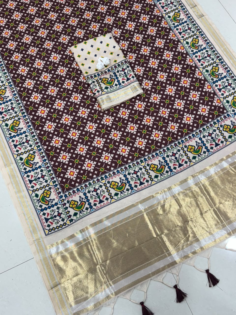 Royal Zari Weaving Tusser Silk Patola Lagdi Pallu Saree- BROWN