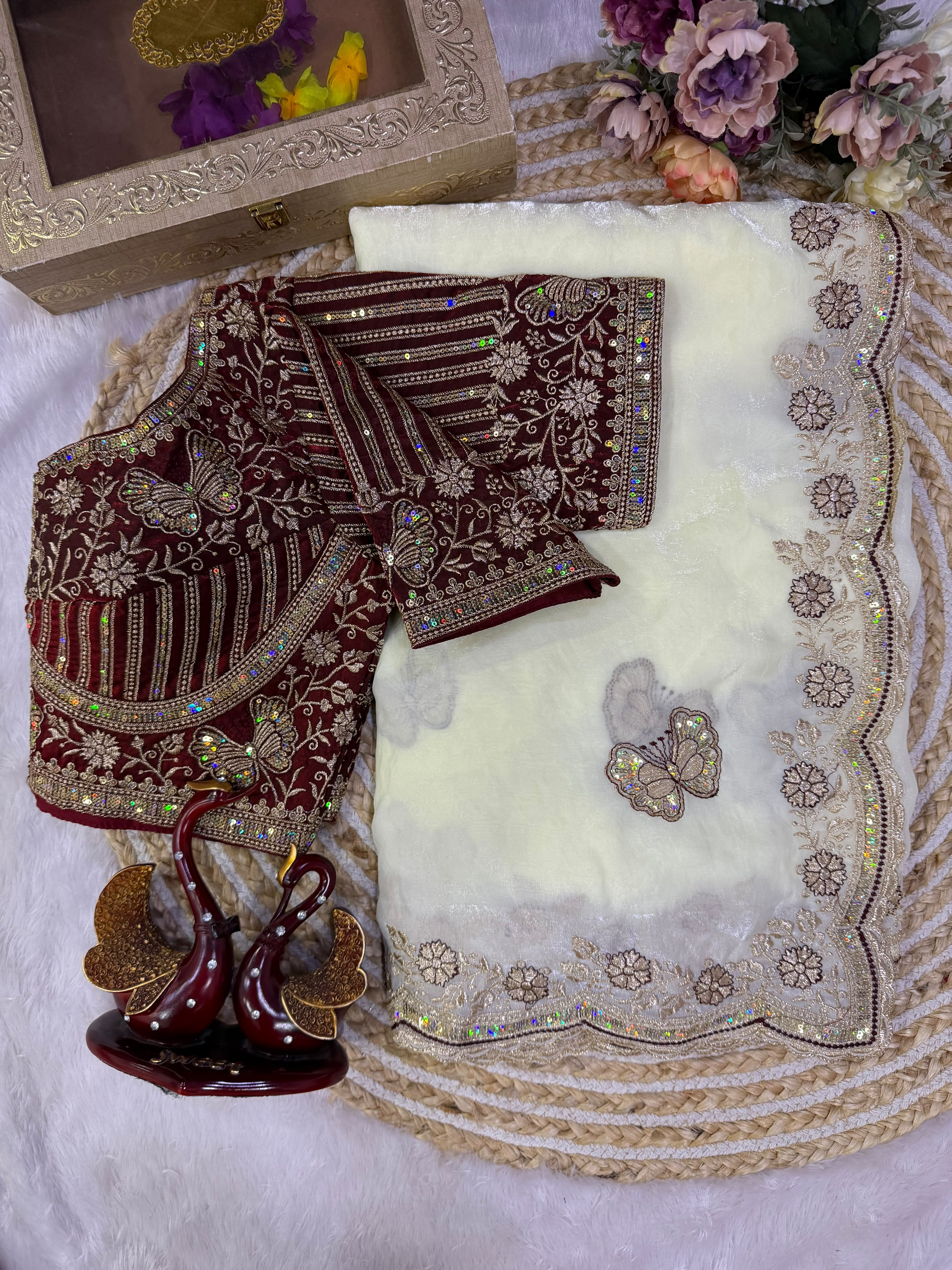 Organza Saree with Butterfly Motifs, Floral Embroidery & Sequin Scalloped Border - WHITE