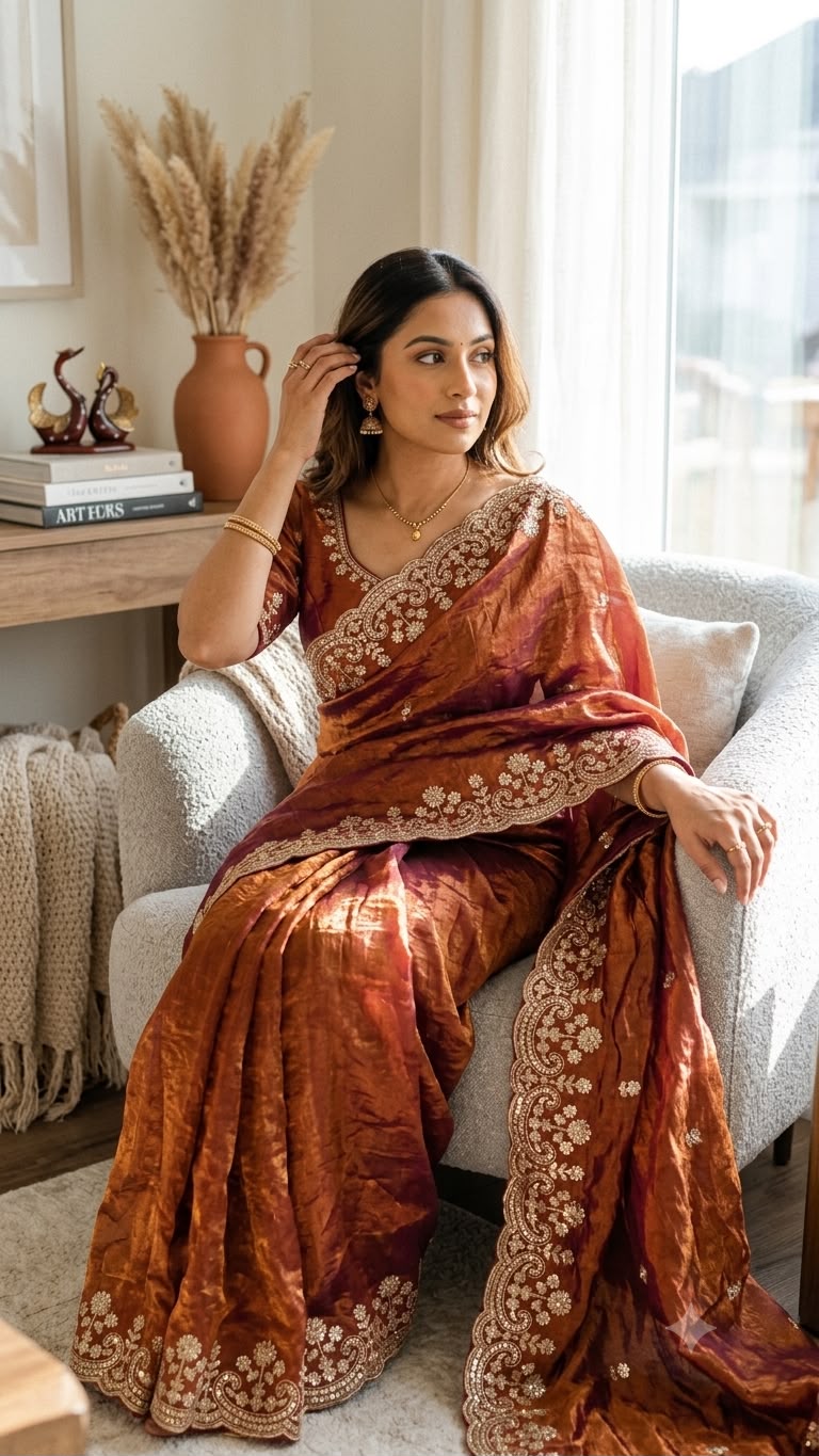 Organza Saree with Intricate Golden Floral Embroidery & Designer Scalloped Border - ORANGE