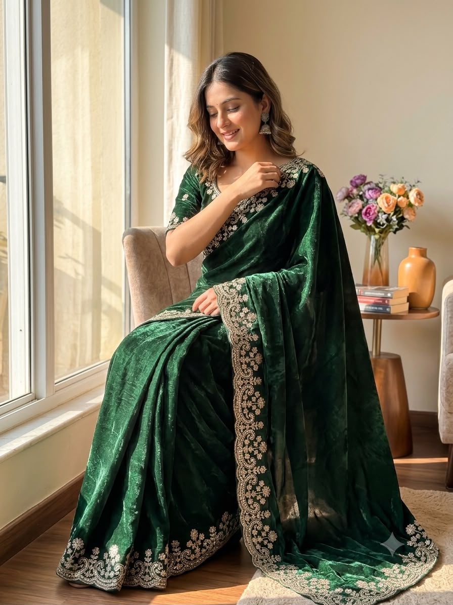 Organza Saree with Intricate Golden Floral Embroidery & Designer Scalloped Border - GREEN
