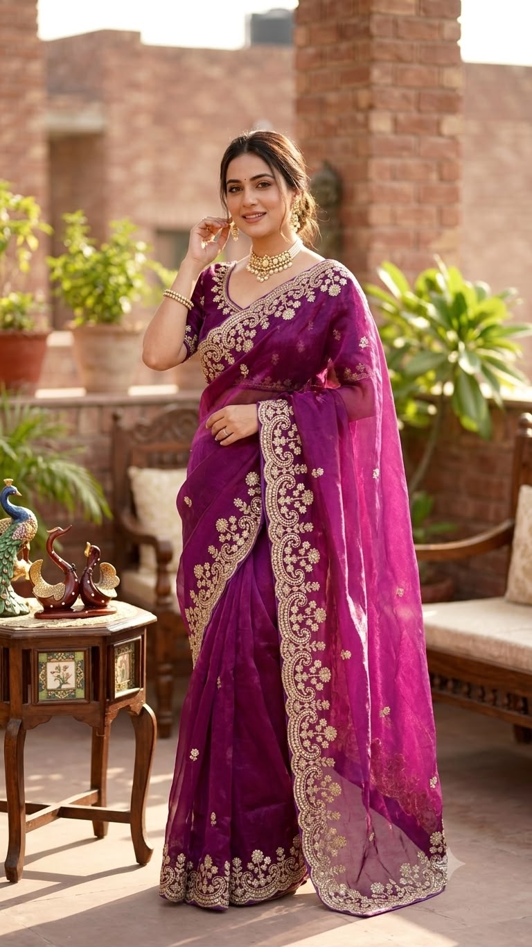 Organza Saree with Intricate Golden Floral Embroidery & Designer Scalloped Border - WINE