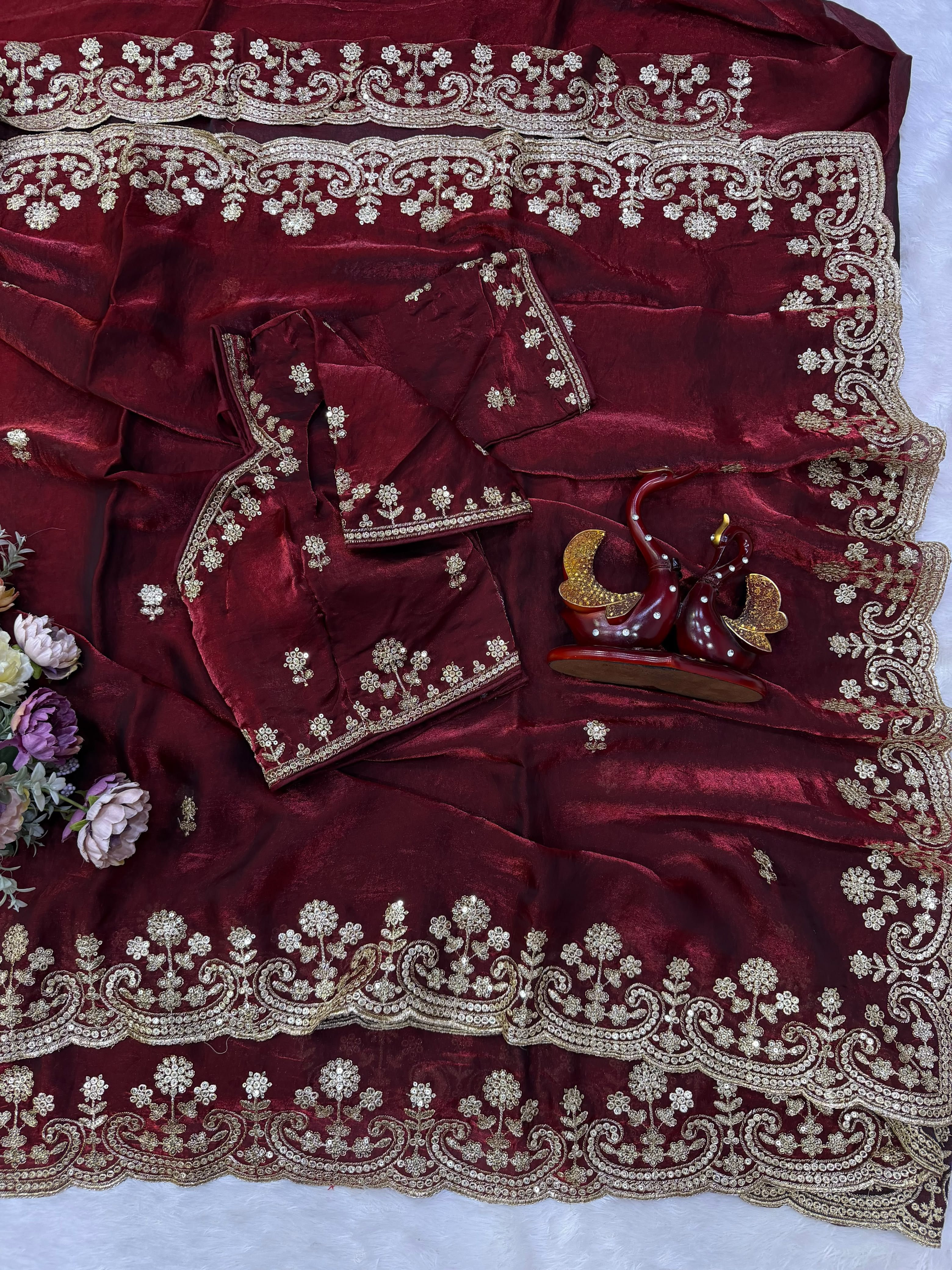 Organza Saree with Intricate Golden Floral Embroidery & Designer Scalloped Border - MAROON
