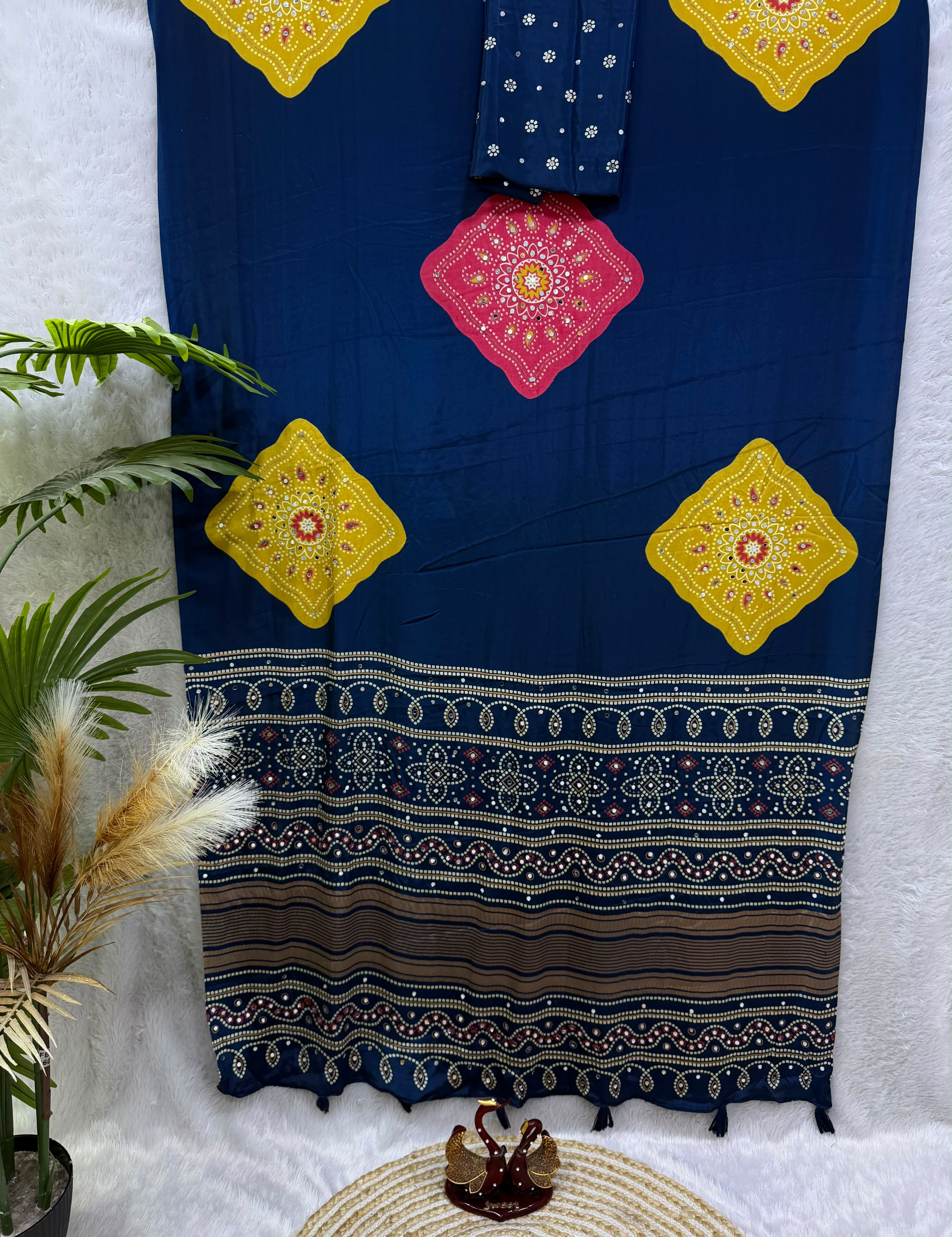 Ajrakh Inspired Printed Saree with Mustard & Maroon Motifs | Traditional Designer Saree -DARK  BLUE