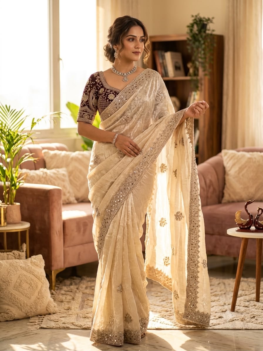 Champagne Gold Embroidered Party Wear Saree - GOLD