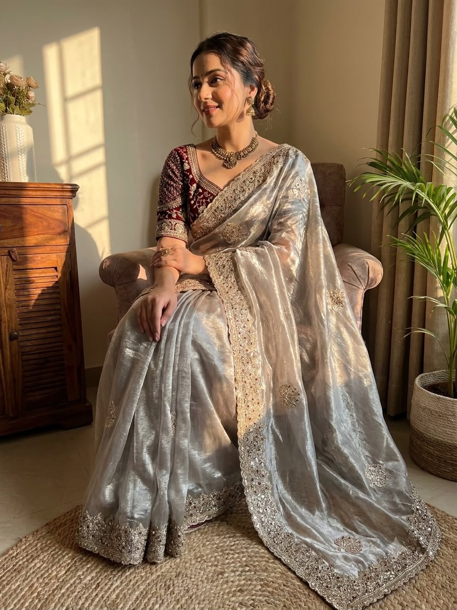 Champagne Grey Embroidered Party Wear Saree - GREY