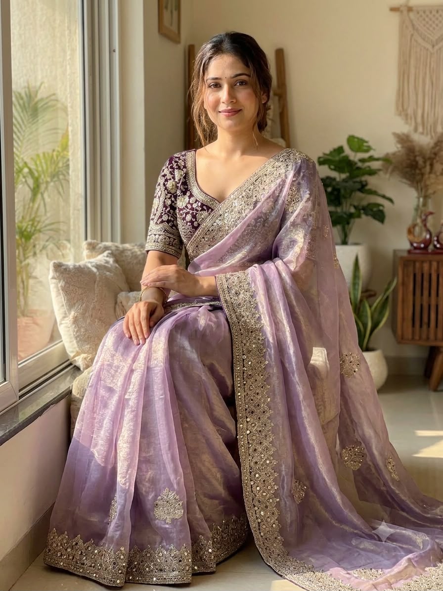 Champagne Purple Embroidered Party Wear Saree - PURPLE