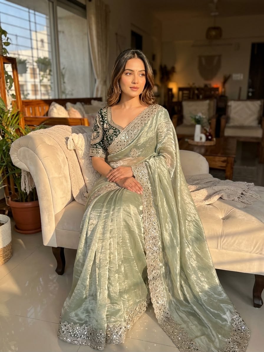 Champagne Pista Embroidered Party Wear Saree - PISTA