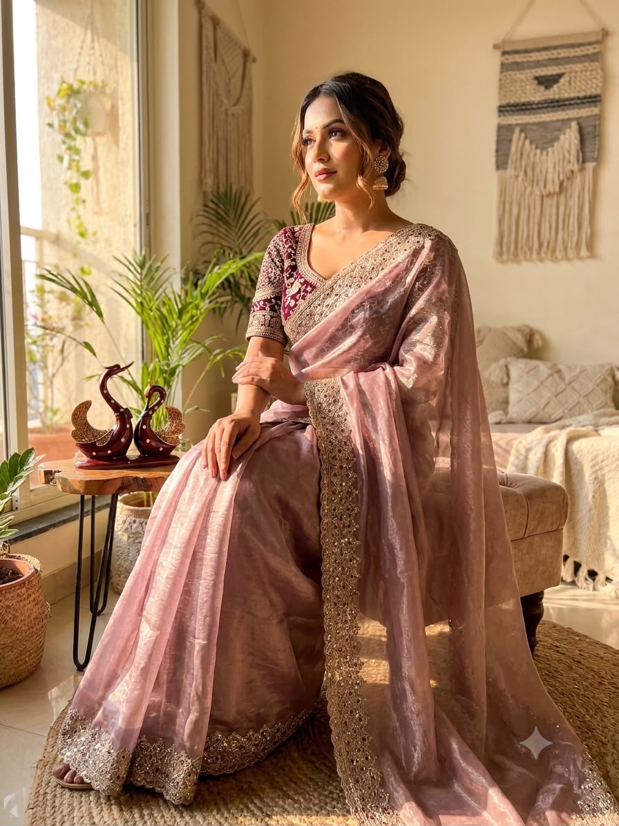 Champagne Pink Embroidered Party Wear Saree - PINK
