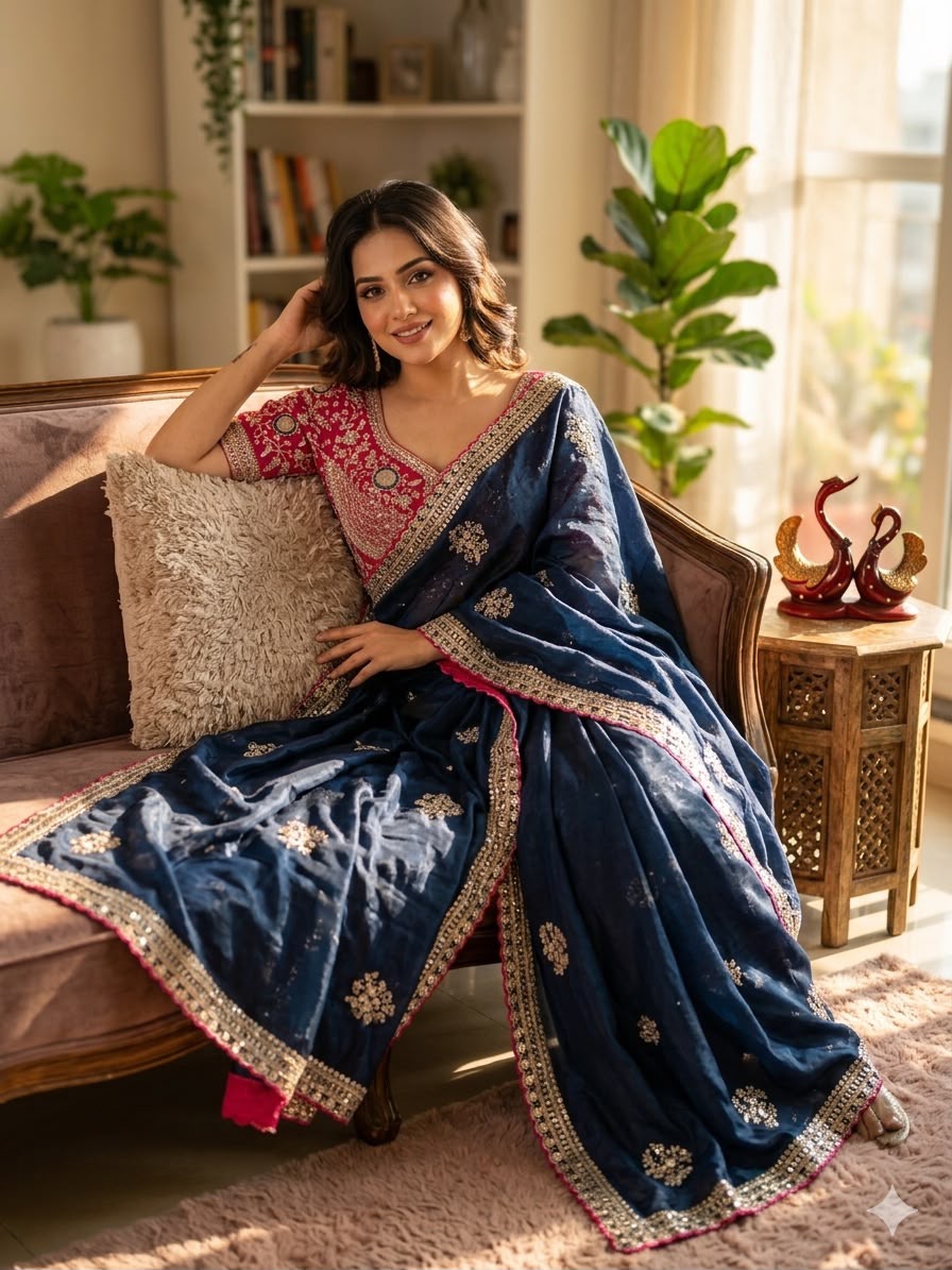 Premium Designer Embroidered Saree Collection with Heavy Sequin Work, Floral Blouse & Rich Scalloped Border  - NAVY BLUE