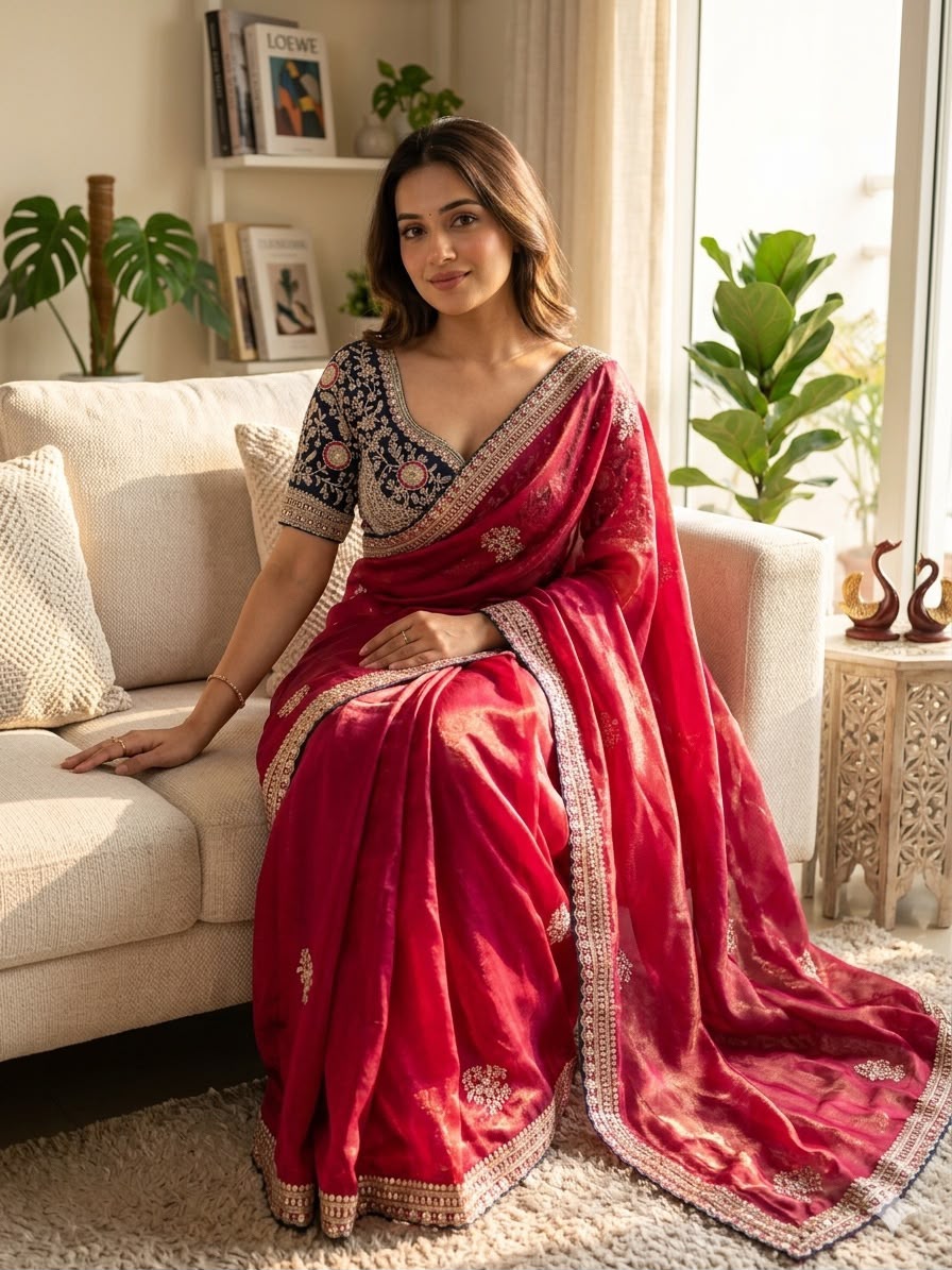 Premium Designer Embroidered Saree Collection with Heavy Sequin Work, Floral Blouse & Rich Scalloped Border  - RED