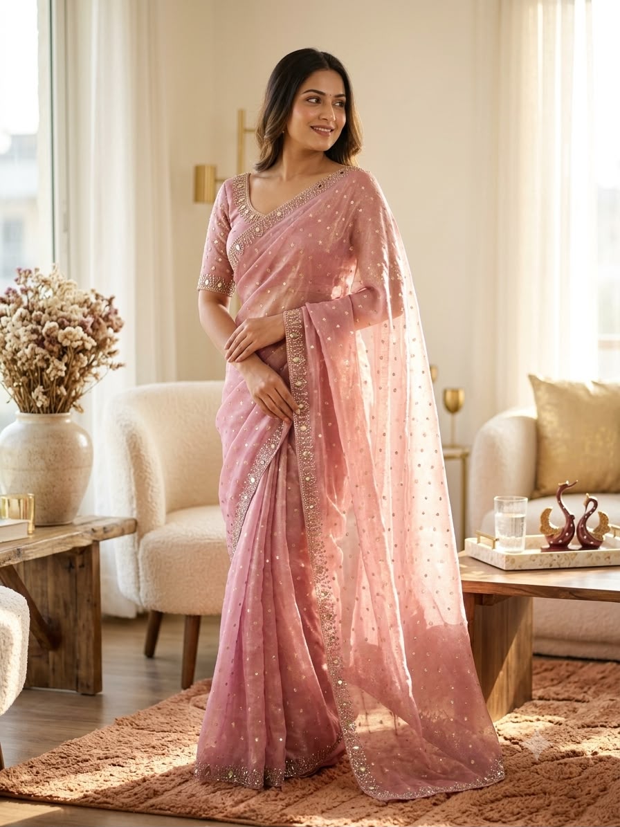 Champagne Pearl Radiance – Designer Sequin Embellished Saree  - PINK