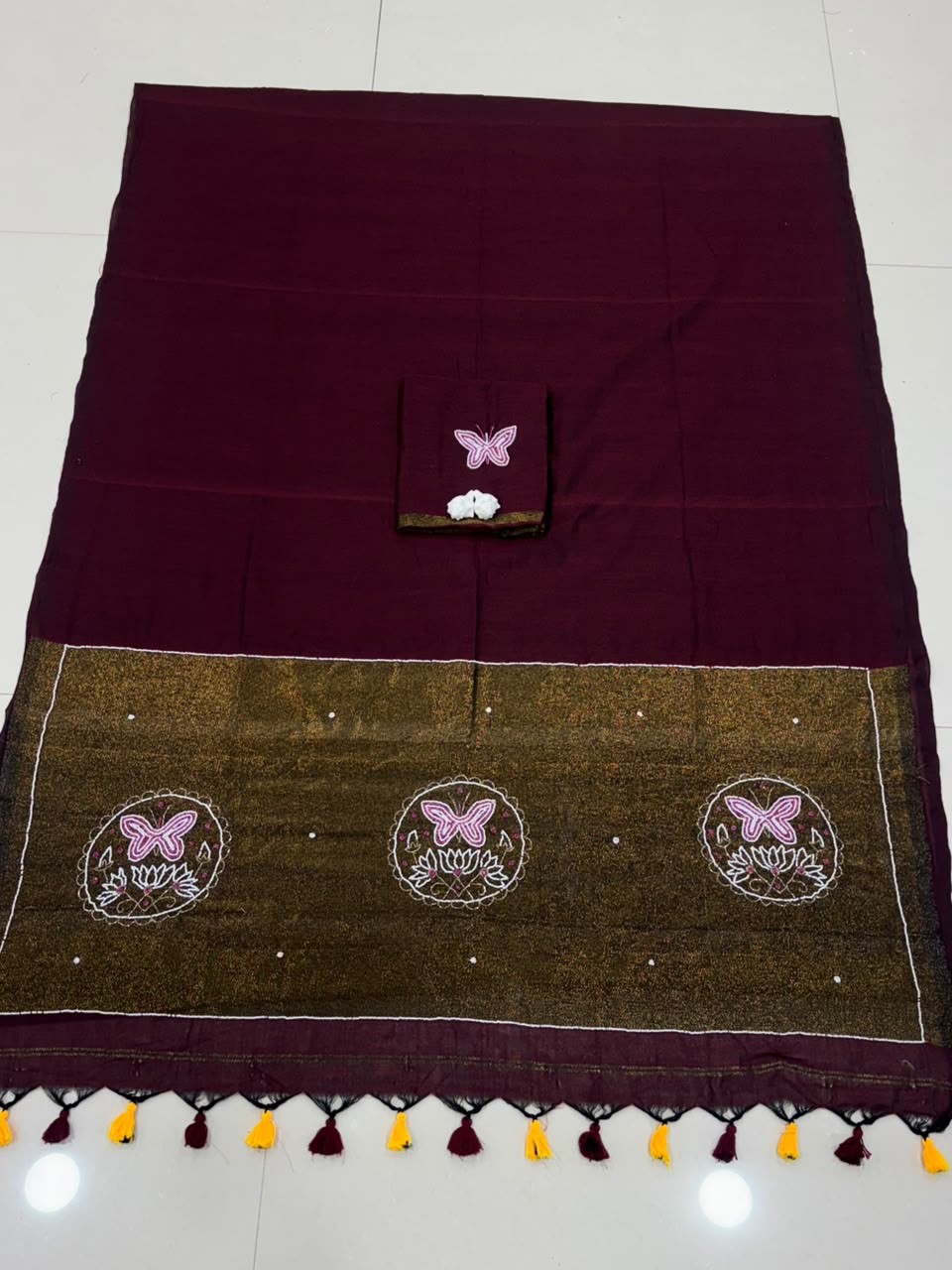 Premium Handcrafted Designer Saree with Golden Border, Floral Butterfly Embroidery & Colorful Tassel Work -  WINE