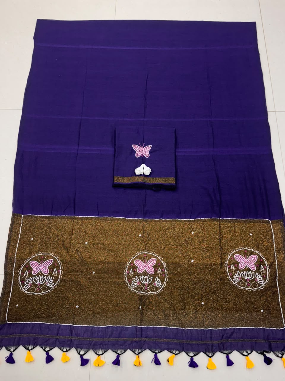 Premium Handcrafted Designer Saree with Golden Border, Floral Butterfly Embroidery & Colorful Tassel Work -  PURPLE