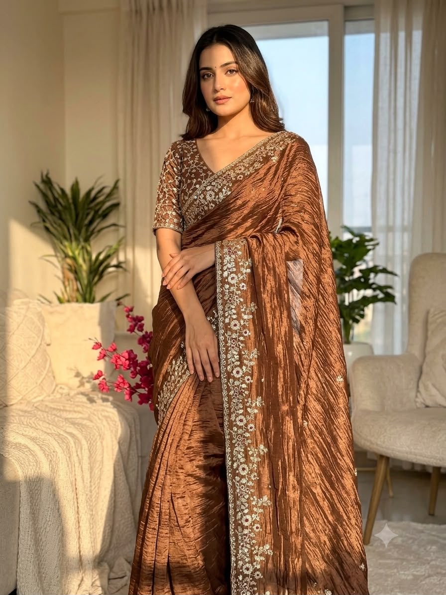 Luxury  Saree with All-Over Floral Embroidery, Embellished Border and Designer Blouse  -BROWN COPPER