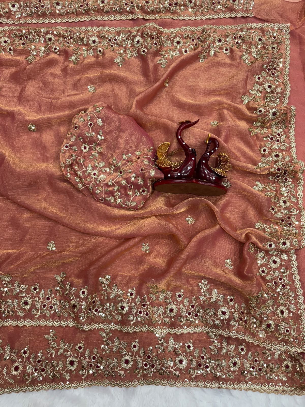 Luxury  Saree with All-Over Floral Embroidery, Embellished Border and Designer Blouse  -PEACH