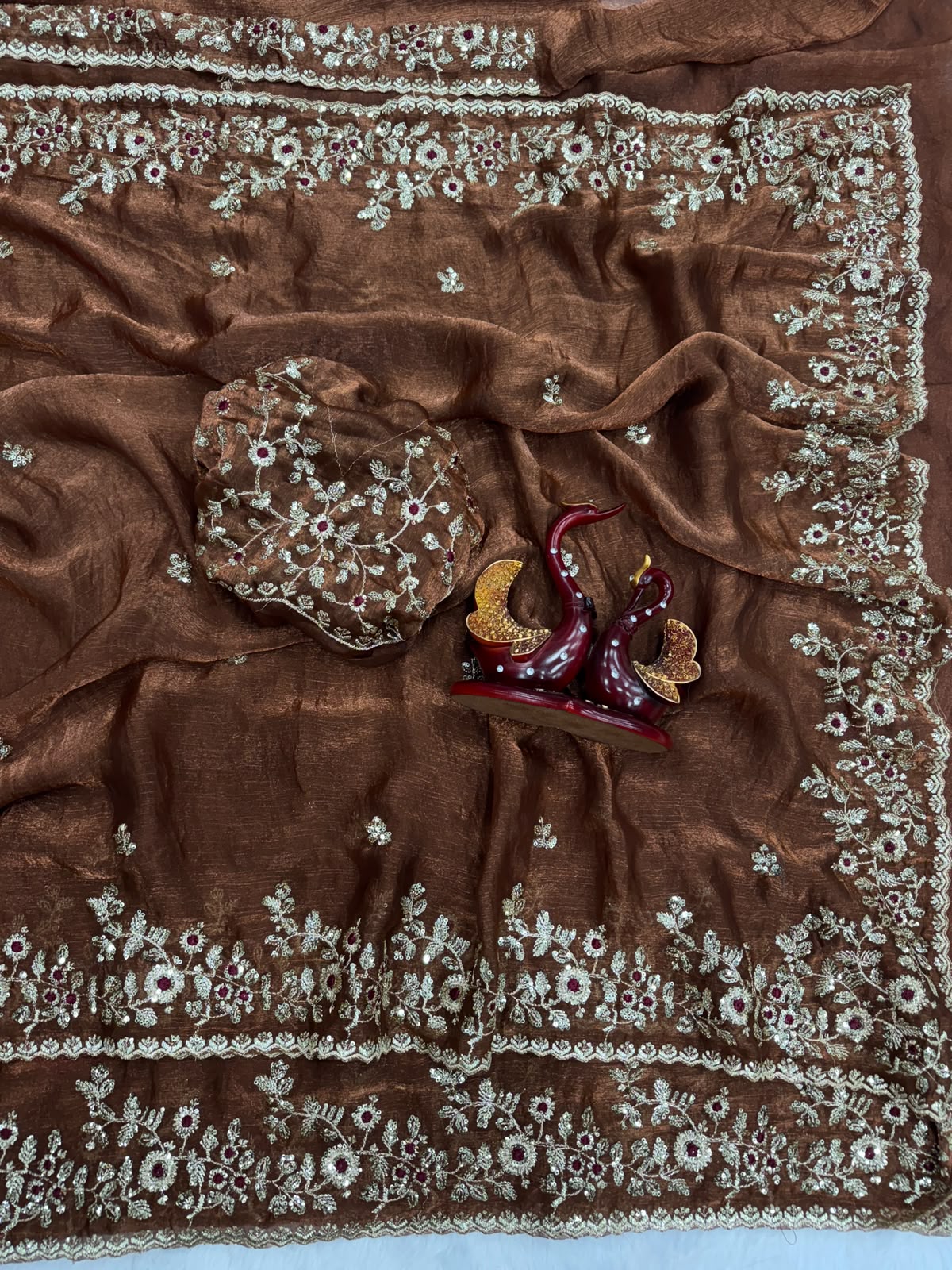 Luxury  Saree with All-Over Floral Embroidery, Embellished Border and Designer Blouse  -COFFEE