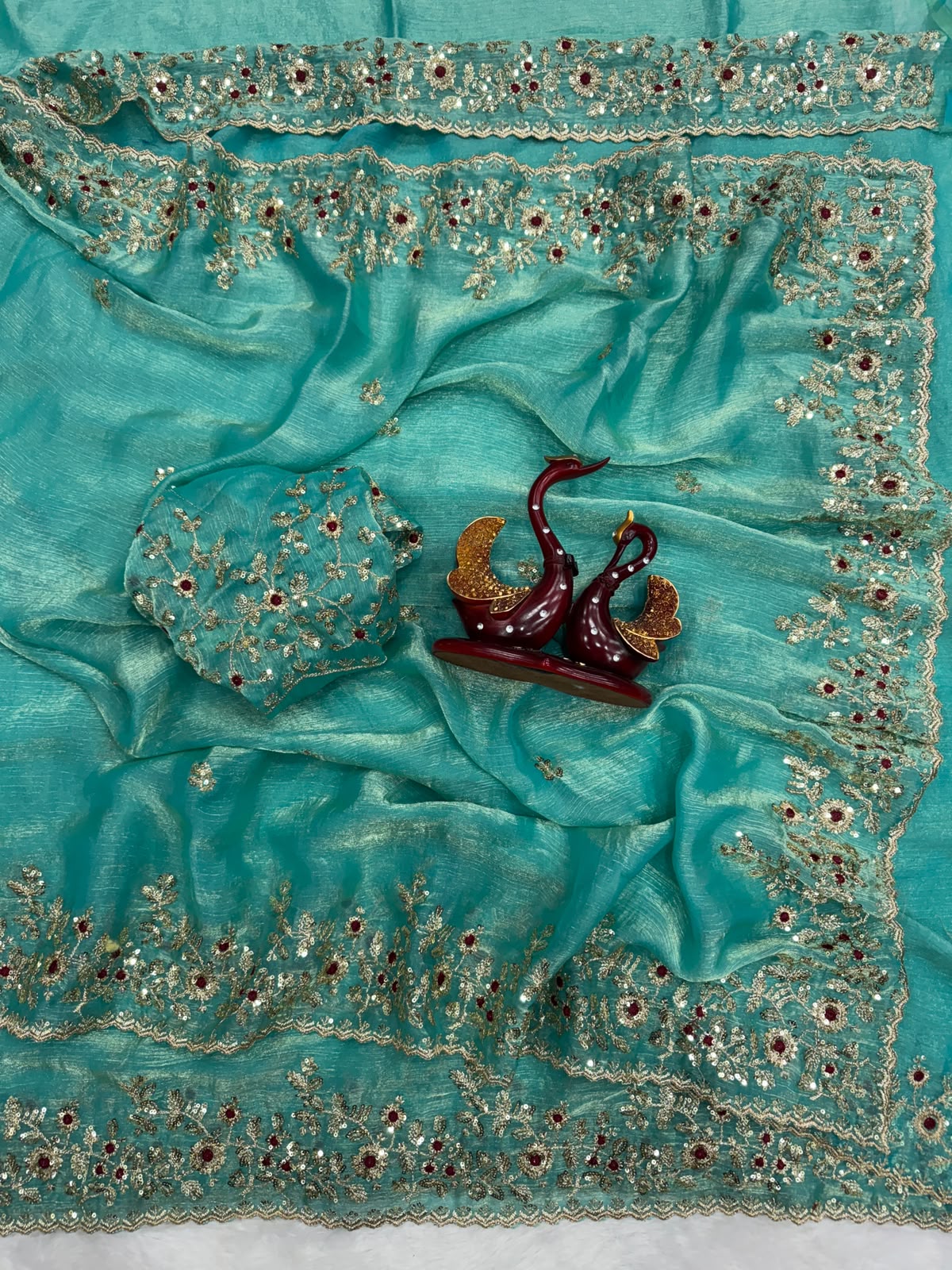 Luxury  Saree with All-Over Floral Embroidery, Embellished Border and Designer Blouse  -SKY  BLUE