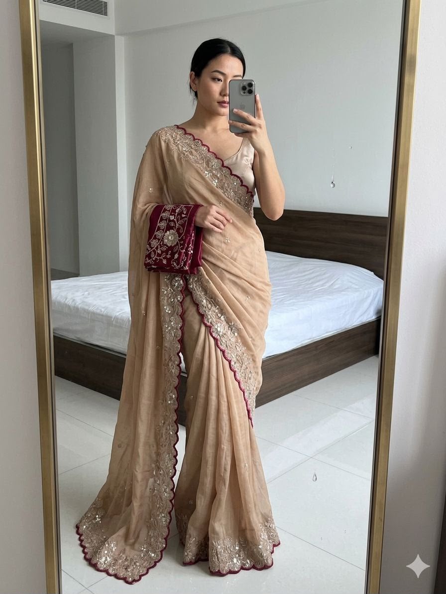 Celebrity Style Star Georgette Saree with Heavy Sequence Blouse - CREAM