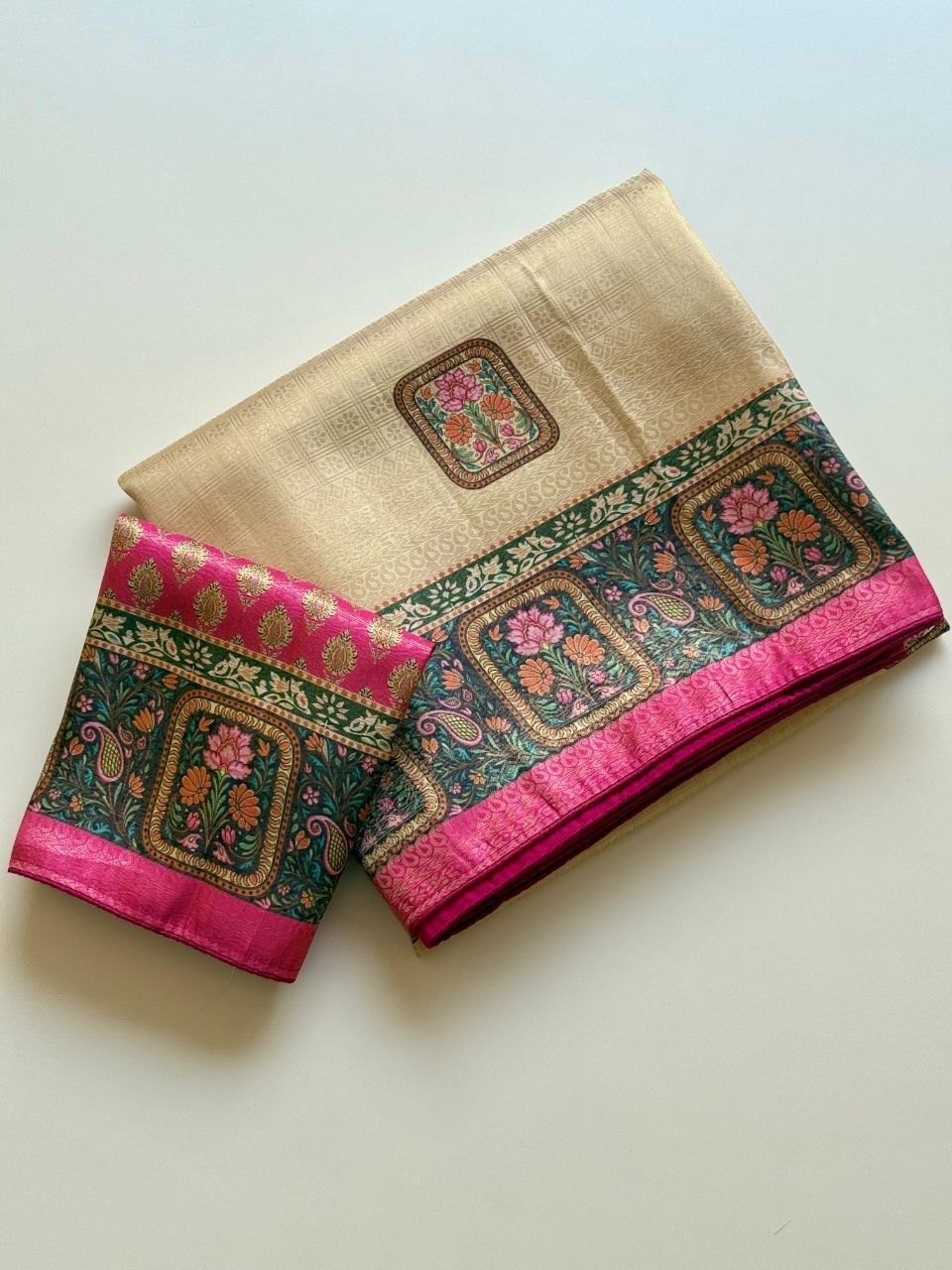 Roopkala Premium Jari Weaving Softy Silk Saree - CREAM AND PINK