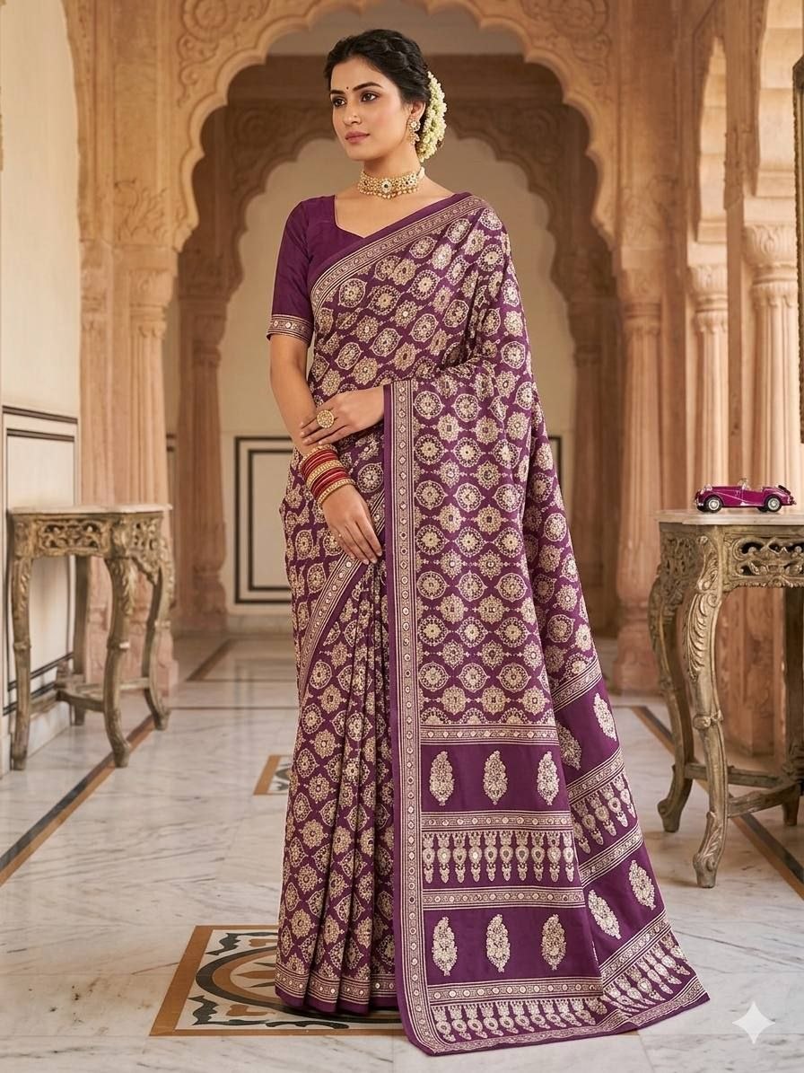 Royal  Banarasi Style Woven Saree with Traditional Motifs -  WINE