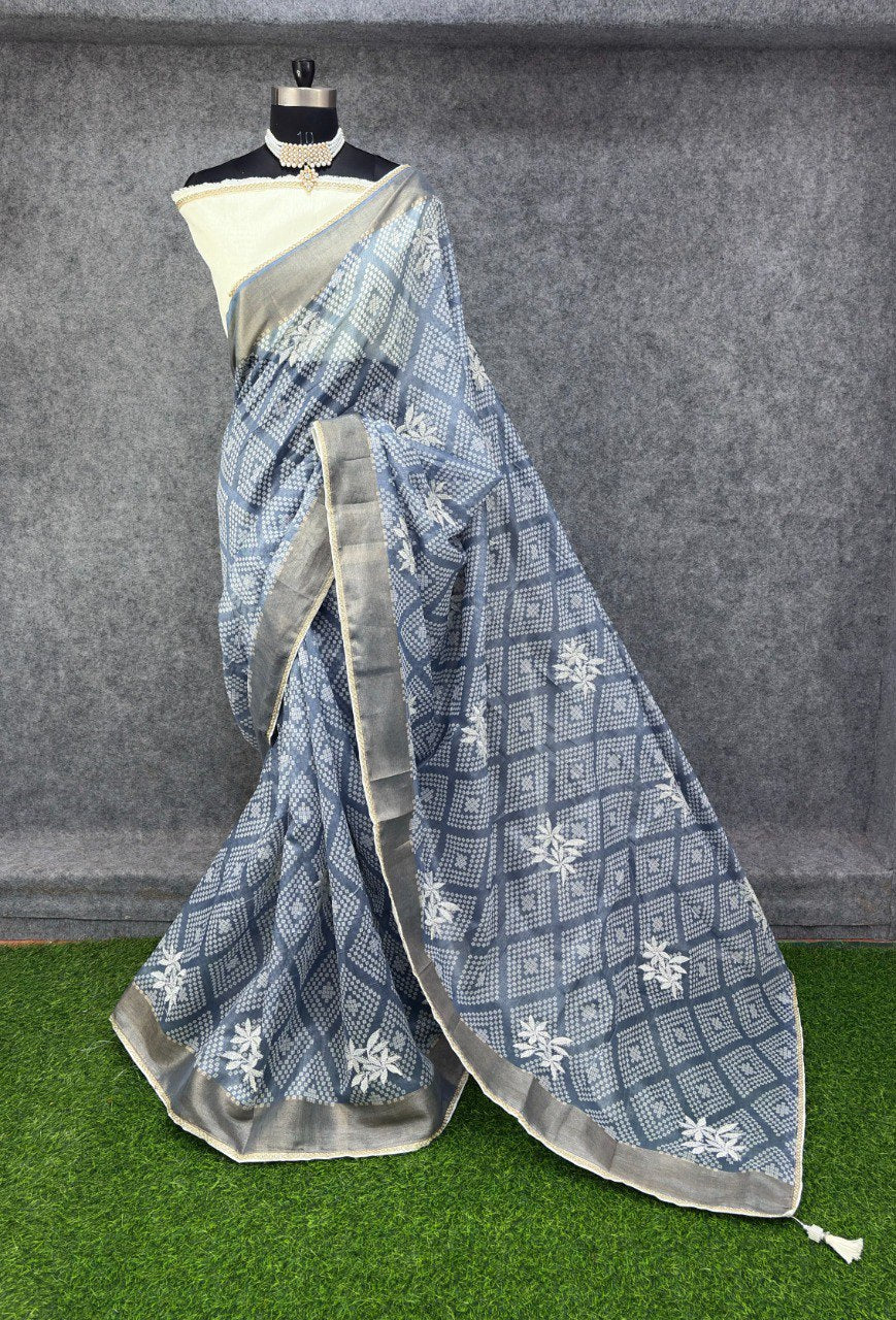 Elegant Printed Saree with Floral Buti Design  GREY& WHITE