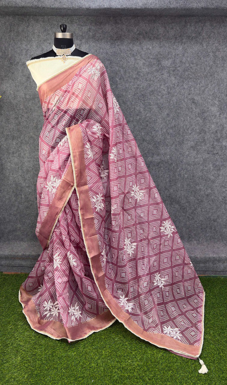 Elegant Printed Saree with Floral Buti Design  ONION  PINK & WHITE
