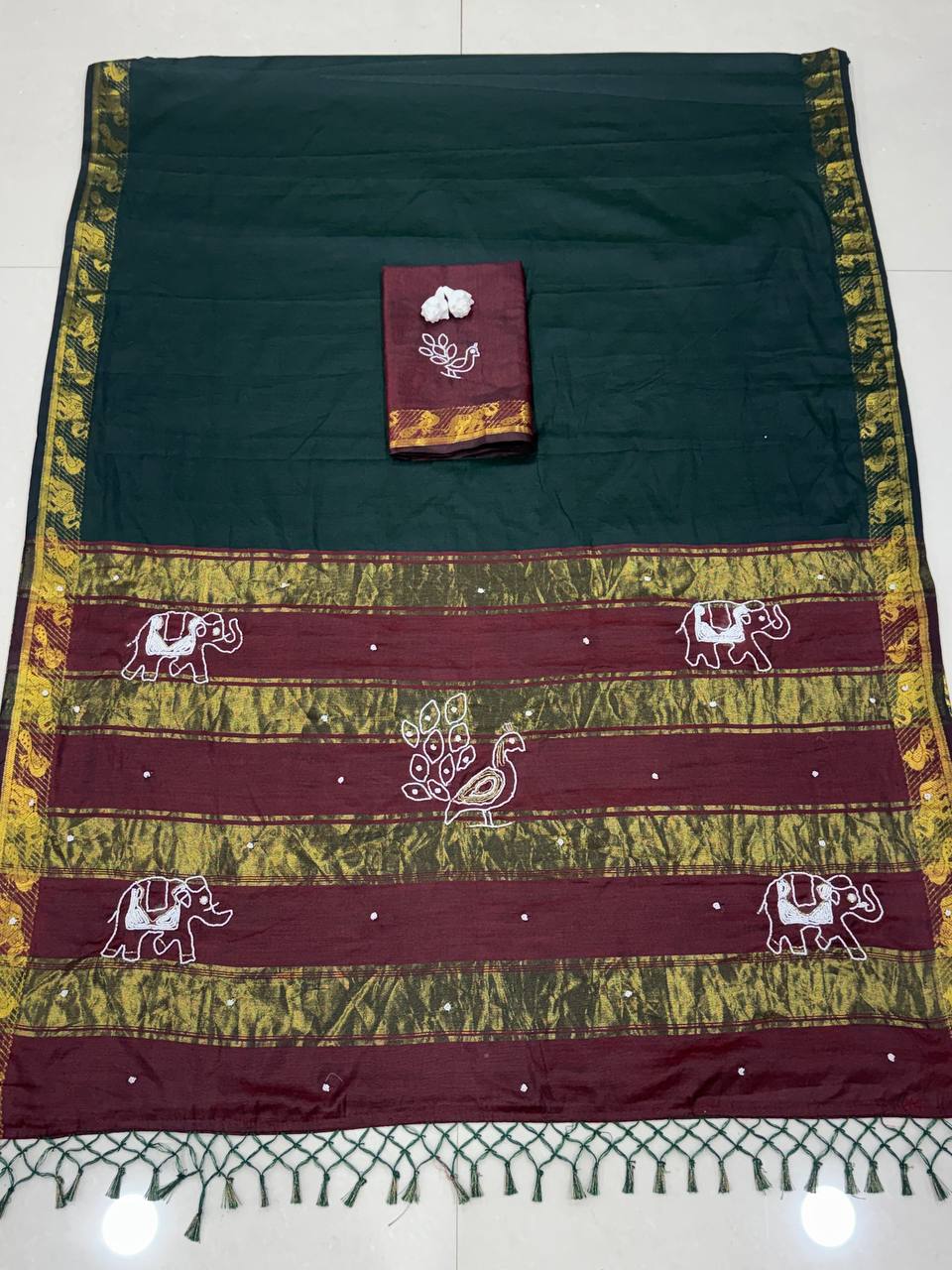 Traditional Cotton Saree with Peacock, Elephant Embroidery & Designer Blouse - DARK GREEN