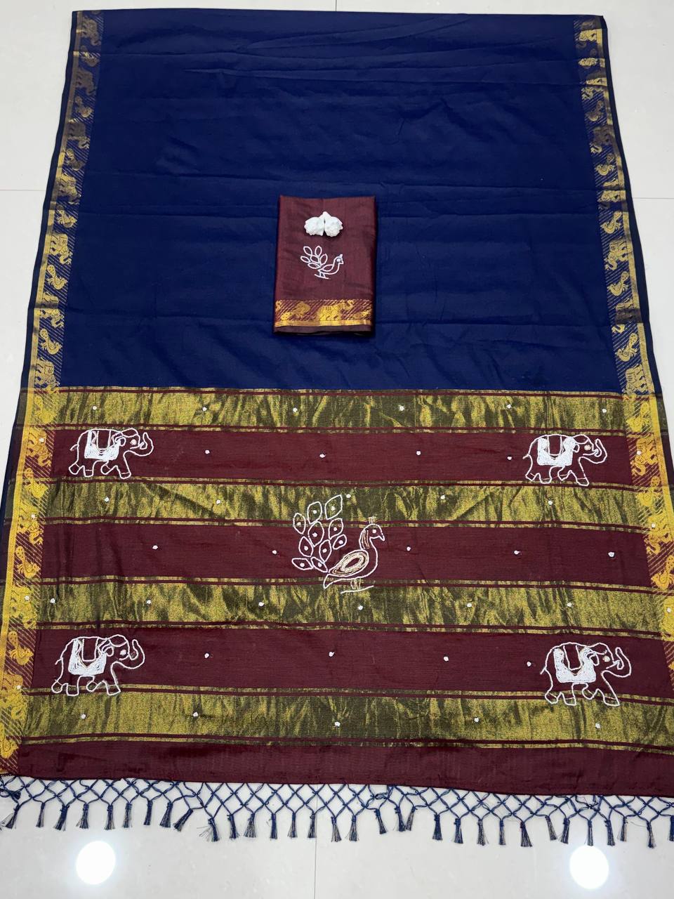Traditional Cotton Saree with Peacock, Elephant Embroidery & Designer Blouse - DARK BLUE