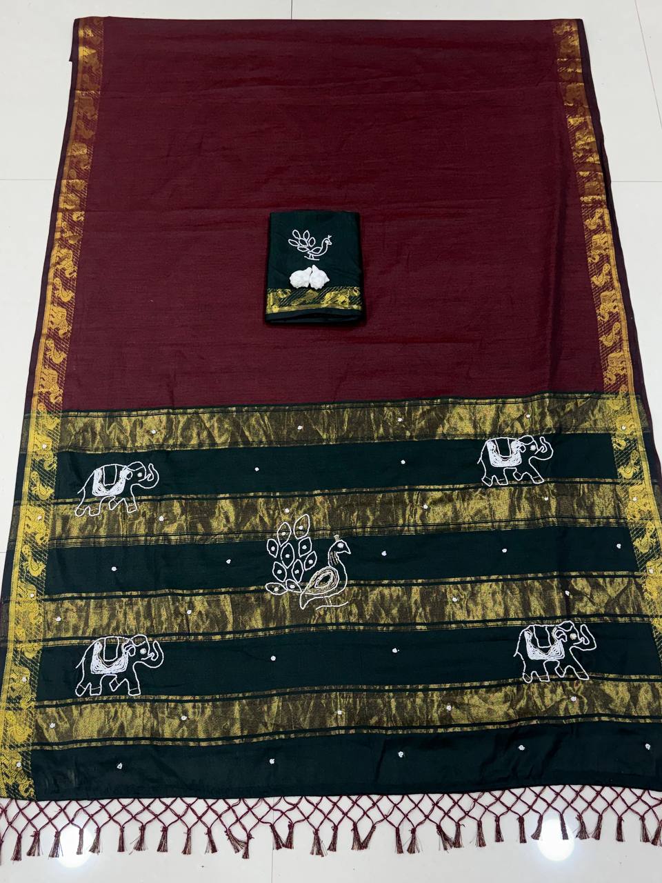 Traditional Cotton Saree with Peacock, Elephant Embroidery & Designer Blouse - MAROON